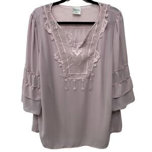 Bedford‎ Fair Chiffon Tiered Sleeve Blouse with Tank Top Set Pink Womens Plus 1X
